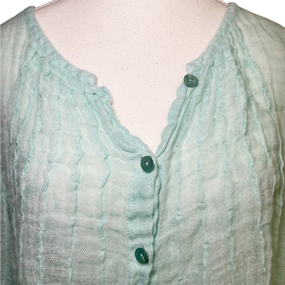 Eileen Fisher Green Long Sleeve Linen Gauze Pintuck Button Down Shirt - Picture 4 of 12